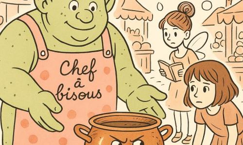 Un grand ogre garçon massif et rondouillard, vert pomme à petites taches, visage doux et timide, sourit timidement et tend une main énorme vers une marmite. La marmite en cuivre parlante, brillante et cabossée, aux petites pattes invisibles comme prête à s’enfuir, affiche une mine malicieuse et froncée et repose au premier plan sur une nappe à carreaux. Camille, 10 ans, cheveux courts châtains et chaussures qui couinent, se tient penchée à côté, hésitante, mains près du rebord. Madame Lili-Bulle, petite fée en chignon spirale, robe légère et carnet à la main, plane derrière Camille, inquiète et amusée. Décor : marché coloré et fantaisiste avec étals en bois garnis de légumes et bonbons, banderoles flottantes, toits en sucre d’orge au loin, sol pavé et quelques bulles dans l’air. Scène : moment comique et tendu où l’ogre veut goûter la soupe, la marmite menace de s’enfuir et Camille hésite, composition claire et silhouettes lisibles pour un line art détaillé.