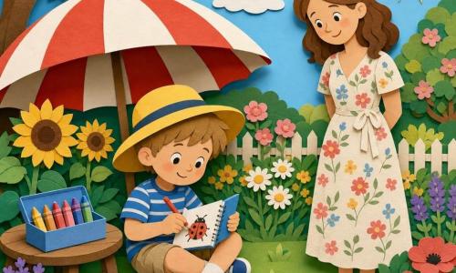 Un garçon de 4 ans, souriant et concentré, porte un grand chapeau jaune, une chemise à rayures bleues et un short kaki; assis sous un parasol rouge et blanc, il dessine une coccinelle dans un petit carnet bleu avec un crayon rouge. Sa mère d'environ 30 ans, cheveux châtain et robe légère à fleurs, le regarde avec tendresse. Un chat gris tigré dort en boule sur l'herbe près de lui. Jardin lumineux: pelouse verte, tournesols et marguerites, petite table en bois avec une boîte de crayons; soleil chaud, quelques nuages et une brise qui fait danser les feuilles. Scène d'été paisible, couleurs vives et textures de papier découpé.