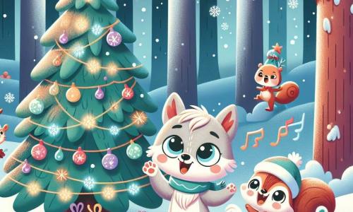 Un petit loup nommé Léo, avec un pelage gris clair et un grand sourire, chante joyeusement autour d'un sapin de Noël décoré. À ses côtés, un écureuil nommé Sacha, avec un pelage roux, saute de joie en tenant une marionnette. La scène se déroule dans une forêt enchantée sous la neige, avec des arbres ornés de lumières et des étoiles brillantes. Léo et Sacha, entourés d'amis animaux, célèbrent la magie de Noël en chantant des chants joyeux, créant une atmosphère festive.
