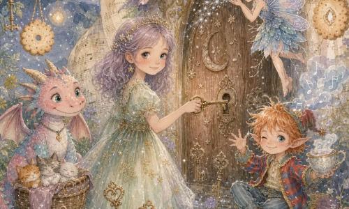 Princesse d'environ 10 ans au visage rond et cheveux lavande mi-longs, en robe en tulle vert pâle à broderies dorées, souriante, tenant une clé brillante en laiton qu'elle insère dans une porte en bois étoilé; à sa droite, un petit lutin de 7 ans aux cheveux orange et veste rayée rouge et bleu, perché sur un coussin, faisant un clin d'œil et agitant une tasse de thé d'où s'échappent des notes musicales en mini-nuages; une fée aux ailes irisées et robe de pétales bleus vole au-dessus de la clé en soufflant des étincelles argentées; en arrière-plan gauche, un petit dragon pastel rose et turquoise, taille de chien, tient un panier de chats ronfleurs, l'air bienveillant; décor : pavillon en papier-lune au toit de pétales, sol de mousse verte parcouru de sentiers argentés, clés plantées comme des fleurs et lampions-biscuits; ambiance douce en tons pastels, textures aquarelle floues avec accents précis au stylo gel blanc.