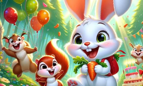 Loulou, un petit lapin aux grandes oreilles et à la fourrure blanche, saute de joie avec un sourire, portant un sac à dos rouge rempli de carottes. À ses côtés, Grignote, un écureuil roux, tient une noisette et sourit en sautant. En arrière-plan, la forêt est luxuriante avec des arbres verts, des fleurs colorées et des rayons de soleil, créant une ambiance magique. La scène montre Loulou et Grignote entourés de leurs amis animaux célébrant l'anniversaire de Loulou avec des ballons, des gâteaux et des rires, illustrant un moment de bonheur et d'amitié.