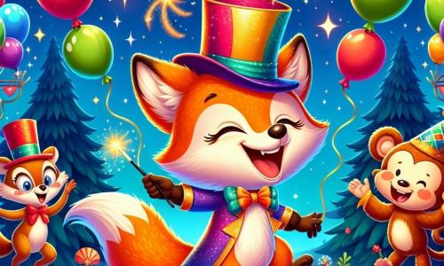 Illustration d'un renard joyeux au pelage orange vif et à la longue queue touffue, portant un chapeau en papier coloré et des paillettes dorées, sautant avec un grand sourire dans une scène de carnaval. À côté, un singe espiègle avec un pelage brun jongle avec des ballons colorés, affichant une joie contagieuse. Un magicien élégant en cape scintillante et chapeau haut de forme sourit en arrière-plan avec sa baguette magique. La clairière enchantée est décorée de guirlandes lumineuses et de ballons sous un ciel étoilé, entourée d'arbres majestueux. Le renard, le singe et le magicien préparent un numéro de cirque, attirant l'attention des autres animaux. Des feux d'artifice colorés illuminent le ciel, tandis que des animaux joyeux applaudissent, ajoutant une touche de magie à cette scène festive.