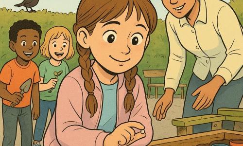 Fille de 10 ans émue, yeux grands et sourire doux, cheveux châtain en deux nattes, accroupie près d’un petit potager surélevé en bois sur la cour d’école ensoleillée, tenant délicatement une graine entre pouce et index tandis qu’une minuscule tige verte sort de la terre sombre; derrière elle, une enseignante d’environ 30–35 ans, cheveux courts attachés et blouse claire, souriante et montrant le potager; à gauche, deux camarades (garçon 9 ans avec une petite pelle, fille 10 ans observant une tige) rieurs; éléments : goudron avec taches de lumière, petits godets en plastique colorés, banc en bois, haie verte où un merle est posé et gouttes de rosée sur les feuilles; ambiance printanière douce du matin, couleurs chaudes et pastel, contours nets, textures visibles pour la terre, le bois et les vêtements, cadrage moyen rapproché sur la fillette pour souligner l’intimité du geste.