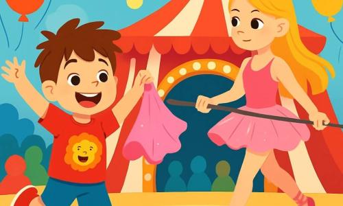 Un petit garçon de 6 ans, Léo, avec des cheveux bruns en bataille et un grand sourire, porte un t-shirt rouge avec un lion et des chaussures rouges. Il saute de joie, les bras levés, au milieu du cirque. À côté de lui, une funambule gracieuse, une jeune fille d’environ 20 ans avec de longs cheveux blonds et un tutu rose scintillant, se prépare à marcher sur un fil. En arrière-plan, le chapiteau rayé rouge et blanc est rempli de lumières, de ballons colorés et de spectateurs émerveillés. Léo, tout excité, tient le tutu rose qu'il vient de retrouver.