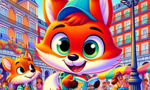 Un petit renard aux poils roux nommé Milo est debout sur une grande place animée, les yeux brillants d'excitation et un grand sourire sur le visage. Il porte une casquette bleue et tient un carnet de voyage dans ses pattes. À côté de lui, Papa Renard, au pelage doré, sourit fièrement en regardant son fils, tandis que Maman Renard, avec un pelage soyeux et une écharpe colorée, prend une photo. La scène se déroule sur la Plaza Mayor de Madrid, entourée de bâtiments historiques colorés, avec des lampadaires en fer forgé et des terrasses animées. Des fleurs décorent la place et des musiciens jouent joyeusement. Milo, émerveillé par l’animation de la ville, montre sa carte à ses parents, prêt à partir à l'aventure.