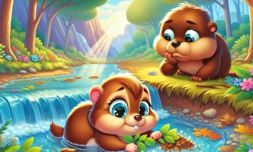 Une petite marmotte nommée Mimi, avec un pelage brun doux et des yeux curieux, se penche pour enlever des feuilles bloquant une rivière triste aux eaux scintillantes. La forêt environnante est luxuriante, avec des arbres majestueux et des fleurs colorées. Mimi, concentrée et courageuse, dégage le chemin de la rivière, qui murmure doucement sa gratitude.