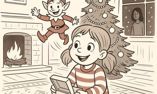 Une fillette de 6 ans, émue et souriante, cheveux châtain clair en deux couettes, yeux ronds curieux, en pyjama rayé tient une petite boîte ouverte; un lutin farceur d’environ 30 cm, bonnet pointu et oreilles légèrement pointues, grand sourire malicieux, saute sur une branche du sapin derrière elle; aucun parent au premier plan, seule une silhouette floue de maman derrière une porte entrouverte la regarde tendrement; salon chaleureux avec tapis à motifs, cheminée aux flammes douces, grande fenêtre sur la neige, sapin décoré de guirlandes, boules et étoile; moment de découverte — la fillette trouve le lutin, la boîte d’indices est ouverte à ses pieds et des petits papiers colorés sont éparpillés; style graphique : traits d’encre fine, contrastes nets, textures précises et expressions exagérées et lisibles pour enfants.