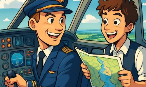 Antoine, un pilote, se tient dans le cockpit d'un avion, son visage exprimant excitation et concentration. Il porte une combinaison bleu marine et une casquette avec un insigne doré. À ses côtés, un jeune copilote d'environ 20 ans, aux cheveux bruns en bataille, consulte une carte de navigation, vêtu d'une chemise blanche et d'un gilet noir, admiratif envers Antoine. Le cockpit est rempli de boutons colorés et de panneaux de contrôle, avec de grandes fenêtres offrant une vue sur un ciel bleu et des paysages variés en dessous. Antoine et son copilote se préparent au décollage, échangeant conseils et sourires complices, prêts pour de nouvelles aventures.