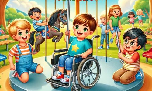 Dans un parc ensoleillé, trois amis jouent ensemble : Max, un garçon de 10 ans en fauteuil roulant, Léo, un garçon de 9 ans sur une balançoire, et Noah, un garçon de 10 ans grimpant sur un toboggan. Le parc est verdoyant, avec des arbres, des fleurs et un ciel bleu. Max, Léo et Noah sont réunis autour d'un carrousel, tous souriants, illustrant l'amitié et l'inclusion.