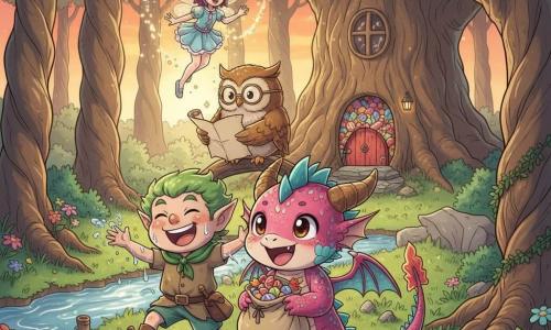 Pompom, un petit dragon enfantin aux écailles rose et turquoise et au regard joyeux, tient un sac débordant de bonbons multicolores en riant avec ses amis ; à sa gauche Gribouille, un lutin farceur au visage rond et cheveux verts, trempé et secouant des gouttes d’eau après être tombé d’un pont de fleurs ; derrière Pompom, perché sur une branche basse, Chachou, un hibou sage aux grandes lunettes et plumage brun doré, tient une vieille carte jaunie ; au‑dessus du groupe voltige Toupie, une petite fée aux ailes translucides et robe pastel, projetant des paillettes dorées. Ils se trouvent dans une clairière de forêt enchantée au coucher du soleil, herbe parsemée de fleurs, grands arbres torsadés, un immense chêne avec une petite porte rouge et, en arrière‑plan, une grotte scintillante de bonbons et un ruisseau aux reflets argentés ; l’atmosphère est festive et chaleureuse, avec sacs pleins et rires partagés.