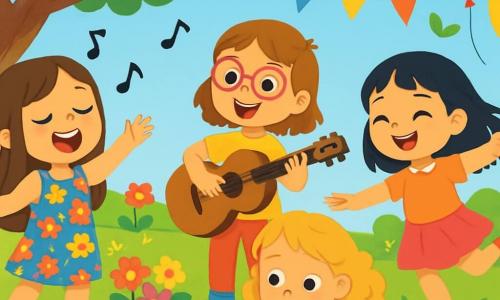 Quatre enfants préparent un spectacle surprise pour la fête des mères dans un jardin ensoleillé. Chloé, 8 ans, chante avec un grand sourire, Lou, également 8 ans, joue de la guitare, Clara, 8 ans, dessine des affiches, et Jade, 7 ans, danse avec énergie. Le jardin est rempli de fleurs multicolores, d'arbres verdoyants et de guirlandes. L'ambiance est festive avec des ballons colorés.