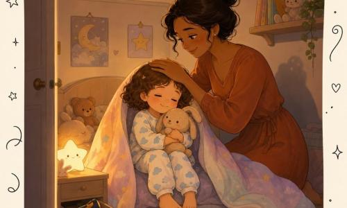 Fille de 4 ans, visage serein et timide, léger sourire, yeux mi-clos, serrant un doudou lapin beige contre sa poitrine; elle porte un pyjama blanc à petits nuages bleus, cheveux châtain bouclés au carré, pieds nus, assise sous une couverture pastel jusqu’au menton. Le lapin en peluche a une oreille pliée et de petites coutures visibles, posé contre sa joue. La mère (≈32 ans) est assise au bord du lit, expression douce et protectrice, main sur le front de la fillette comme pour un baiser, robe simple aux tons chauds. Une veilleuse étoile diffuse une lumière jaune miel qui éclaire son visage et projette une tache ronde au plafond; une mini-lampe de poche est rangée dans un tiroir entrouvert, motifs en bois sur la commode. La porte est entrouverte, laissant une fine ligne de lumière du couloir sur le sol en bois clair. Chambre petite et cosy: murs crème, affiches enfantines, peluches et étagère de livres illustrés; scène principale: rituel du coucher, calme et intime, atmosphère douce et rassurante, contrastes de lumière chaude et ombre apaisante.