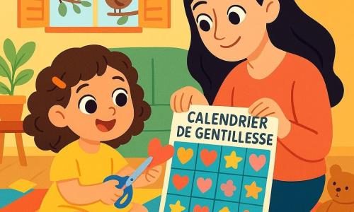 Lina, une petite fille de 4 ans aux grands yeux pétillants et cheveux bruns bouclés, est assise sur un tapis coloré, souriant joyeusement en découpant des formes de cœurs et d'étoiles. Sa maman, une femme douce d’environ 30 ans aux cheveux longs et noirs, l’aide à coller des décorations sur un calendrier fait maison, avec un regard bienveillant. La scène se déroule dans un salon chaleureux aux murs jaunes pastel, avec des jouets éparpillés et des oiseaux chantant à l'extérieur. Elles travaillent ensemble sur un calendrier de gentillesse, remplissant chaque poche de mots doux et de dessins colorés, dans une atmosphère joyeuse et créative.