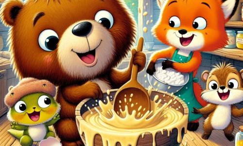 Barnabé, un ours en peluche ébouriffé et brun, mélange une cuillère en bois dans un saladier débordant de pâte à gâteau, l'air joyeux et surpris par le désordre. À côté, Lili, une renarde orange, rit en saupoudrant de la farine, mais en met partout, même sur son museau. Gustave, un castor, jongle maladroitement avec des œufs, concentré mais inquiet de les casser. Zaza, une grenouille verte, saute joyeusement autour d'eux, éclaboussant de la pâte. La scène se déroule dans une cuisine rustique dans un vieux tronc d'arbre, avec des étagères de pots de miel et de fruits, sous des rayons de soleil. Ils préparent un gâteau géant pour la fête de la clairière, entourés de rires et de chaos, illustrant leur amitié et leur esprit d'équipe.