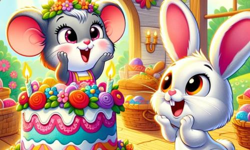 Une petite souris nommée Lili, avec un pelage gris et des yeux pétillants, se tient devant un gâteau coloré décoré de fleurs et d'une étoile en sucre. Elle sourit avec excitation, prête à surprendre son papa. À côté d'elle, un lapin nommé Benny admire le gâteau avec un grand sourire. Ils sont dans une maison en bois entourée de verdure, avec des rayons de soleil filtrant à travers les feuilles. La scène est festive et chaleureuse, pleine de couleurs vives, alors que Lili s'apprête à célébrer la fête des pères.