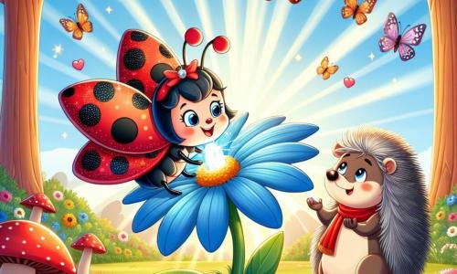 Luna, une coccinelle aux ailes rouges à pois noirs, se tient joyeusement sur une fleur bleue, ses yeux brillants de curiosité. À côté, Tim, un vieux hérisson sage aux piquants gris, l'observe en souriant, assis sous un champignon coloré. Ils se trouvent dans une clairière ensoleillée, entourée de grands arbres aux feuilles vertes, où des rayons de soleil illuminent le sol couvert de fleurs sauvages. Luna découvre un cristal luminescent au cœur de la fleur, émerveillant son visage, tandis que des papillons colorés volent autour d'eux, ajoutant de la magie à l'atmosphère.