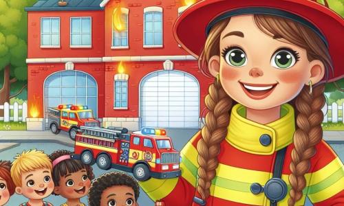 Une femme pompier, Capitaine Zoé, souriante et pleine d'énergie, porte un casque rouge et une combinaison jaune vif. Elle se tient devant une caserne de pompiers, les bras ouverts, prête à accueillir les enfants. À ses côtés, un garçon de 6 ans, tenant un camion de pompier en plastique, l'observe avec émerveillement. Trois autres enfants, une fille de 5 ans avec des tresses, un garçon de 7 ans avec un chapeau de pompier, et une petite fille de 4 ans en robe rose, sont rassemblés autour d'eux, excités. La caserne, peinte en rouge avec des portes blanches et un drapeau, est entourée d'arbres, sous un ciel bleu clair. Capitaine Zoé explique aux enfants le fonctionnement d'un camion de pompier, tandis qu'une alarme retentit, ajoutant une touche d'aventure.