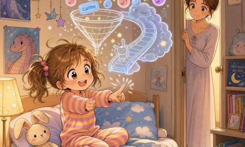 Fille de 6 ans joyeuse et concentrée, cheveux châtain clair en couettes un peu décoiffées, yeux pétillants, vêtue d’un pyjama rayé rose et jaune, assise sur un lit à couette nuage bleu et mimant l’appui d’un grand bouton invisible avec un sourire malicieux ; un doudou lapin beige à taches roses est posé contre elle sur l’oreiller ; la mère, environ 35 ans, cheveux bruns en chignon, robe de nuit douce, est à la porte entrouverte, souriante et attentive, légèrement en retrait à droite ; petite chambre chaleureuse aux murs crème avec affiches d’étoiles et d’un dragon, lampe de chevet diffusant une lumière jaune douce, mobile suspendu, tapis moelleux, étagère avec livres et tasse d’eau sur la table de nuit ; scène montrant la fille inventant une machine invisible pour calmer ses pensées : bulles colorées et petites étiquettes « calme » sortent d’un entonnoir imaginaire au-dessus du lit, un toboggan de nuage en filigrane et des notes musicales-bulles s’échappent ; palette douce en tons pastels (bleu ciel, rose pâle, crème) et lumière de nuit chaude, traits manga nets et expressifs.