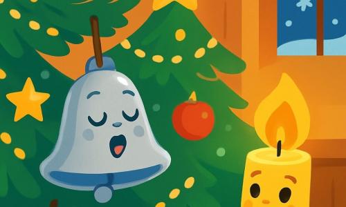 Dans une pièce chaleureuse, Mina, une clochette d’argent souriante, se balance sur une branche d’un sapin décoré de guirlandes scintillantes, pleine d'espoir pour retrouver sa chanson de Noël. À côté, une bougie en forme de flamme éclaire la scène d'une lumière dorée. Le sapin majestueux, entouré de flocons de neige tombant par la fenêtre, est décoré de guirlandes en papier, de pommes rouges et d'étoiles scintillantes. Mina chante doucement, entourée de ses amis lumineux, dans une ambiance magique et festive.