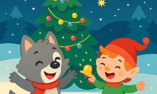 Petit Loup, un jeune loup aux poils gris et aux yeux pétillants, saute joyeusement dans la neige, rayonnant de bonheur avec sa écharpe rouge vif. À ses côtés, le Lutin Farceur, un petit personnage aux cheveux ébouriffés et au bonnet rouge, rit aux éclats, dansant autour de lui avec une clochette dorée scintillante. La scène se déroule près d’un grand sapin décoré de guirlandes colorées sous un ciel étoilé, dans une forêt recouverte de neige où des flocons tombent doucement. Petit Loup et le Lutin Farceur chantent et sautent ensemble, entourés de lumières scintillantes, créant une ambiance festive et magique.