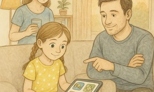 Fille de 8 ans souriante mais hésitante, cheveux châtain clair en deux nattes, grands yeux verts, t‑shirt jaune à pois blancs et short en jean, tenant une tablette brillante sur les genoux; père d’environ 35 ans assis à droite, cheveux courts bruns, bras croisés et regard bienveillant, pointant la tablette; mère d’environ 33 ans debout derrière le canapé à gauche, tenue décontractée, cheveux longs attachés, tenant un verre d’eau et souriant calmement; salon chaleureux avec tapis beige, lampe au sol à abat‑jour moutarde, étagère avec livres et plante, grande fenêtre laissant filtrer une lumière orangée; écran de la tablette montrant icônes colorées de jeux et une notification rouge clignotante; scène de décision entre jouer ou ranger, atmosphère douce et tranquille, couleurs pastel et traits délicats, expressions lisibles pour un enfant.