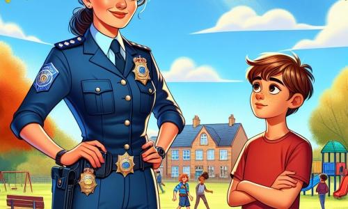 L'inspectrice Léa Martin, dans la trentaine, se tient avec assurance, son uniforme bleu marine impeccable et son badge à la ceinture. Son visage exprime détermination et passion pour son métier. Elle tient un dossier d'une main, l'autre sur sa hanche. À ses côtés, Lucas, un garçon de douze ans aux cheveux châtains, l'admire, vêtu d'un t-shirt rouge et d'un jean, ses mains croisées montrant hésitation et confiance. Le décor est une cour d'école ensoleillée, avec des enfants jouant en arrière-plan et des bancs en bois. Léa explique à Lucas l'importance de la justice et de demander de l'aide, leurs expressions reflétant espoir et compréhension, illustrant leur lien spécial.