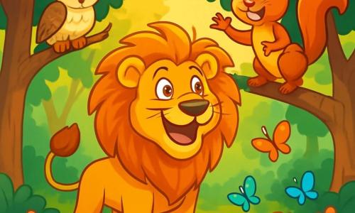 Un lion nommé Léon, avec une crinière dorée et des yeux curieux, se tient dans une clairière enchantée, affichant émerveillement et joie. À ses côtés, un écureuil espiègle nommé Émile grimpe sur une branche, souriant et gesticulant. Une chouette sage nommée Clara observe la scène depuis une branche, prête à partager ses connaissances. La clairière est entourée d'arbres majestueux, leurs feuilles scintillant sous le soleil, et des fleurs colorées dansent au rythme du vent. Des papillons multicolores virevoltent autour des animaux, ajoutant de la magie à l'atmosphère. Léon découvre la beauté de la forêt, encouragé par Émile et Clara à explorer ce monde fascinant.