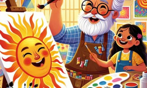 Monsieur Léon, un homme âgé à la barbe blanche et aux lunettes rondes, sourit en tenant un pinceau. Il est entouré de couleurs vives et de toiles éclatantes. Lila, une petite fille de 7 ans avec de longs cheveux bruns et un t-shirt jaune, peint un grand soleil, son visage rayonnant de bonheur. Maxime, un garçon de 8 ans aux cheveux blonds, se concentre sur un tableau d'arbre. L'atelier lumineux et coloré de Monsieur Léon est rempli de pots de peinture et de pinceaux, créant une atmosphère chaleureuse. La scène montre Monsieur Léon encourageant les enfants, leurs œuvres d'art vibrantes illuminant l'atelier, symbole de créativité et de joie.