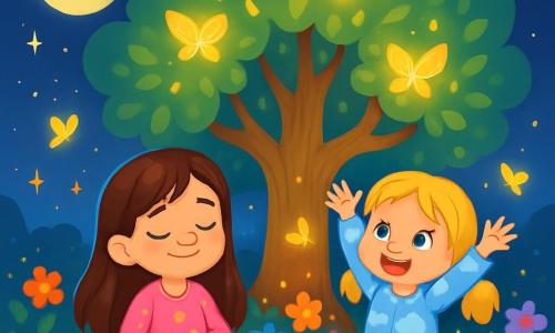 Il y a deux personnages principaux : Zoé, une petite fille de 6 ans aux longs cheveux bruns, portant un pyjama rose avec des étoiles, assise sous un arbre, et Lila, également âgée de 6 ans, avec des cheveux blonds en couettes, vêtue d'un pyjama bleu avec des nuages, levant les bras vers le ciel. L'action se déroule dans un jardin magique baigné par une lumière lunaire, avec un grand arbre ancien aux feuilles dorées, entouré de fleurs colorées et de papillons lumineux. Les filles, émerveillées, respirent profondément sous l'arbre, souriantes, tandis que les étoiles veillent sur elles.