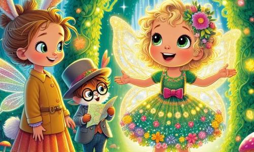 Une petite fille de 5 ans, Lila, aux cheveux bouclés et dorés, se tient au centre de l'image, souriante devant un tunnel lumineux fait de lianes vertes. À sa droite, une petite fée nommée Iris vole joyeusement, prête à guider Lila. À gauche, un lapin cartographe nommé Benny, portant des lunettes et un chapeau, tient une carte, concentré. Ils se trouvent dans une forêt enchantée où les arbres sont en bonbons et les fleurs chantent, prêts à entrer dans le monde magique de Féeriland, remplis d'excitation pour l'aventure qui les attend.
