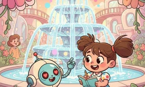 Une fillette de six ans, cheveux bruns en couettes et grands yeux brillants, sourit en tenant un carnet de dessin devant une fontaine scintillante des Jardins Suspendus, accompagnée d'un petit robot rond nommé Pingo au corps crème et accents turquoise aux yeux LED en forme de cœurs ; au loin, la silhouette chaleureuse d'une maman veille près d'un sentier fleuri tandis que jets d'eau, fleurs bioluminescentes, lianes et passerelles en bois créent une ambiance magique au coucher du soleil aux tons pastel.