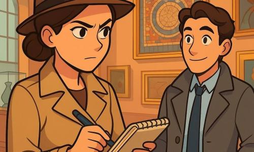 Célia Dupont, une détective, se tient au centre de l'image, avec des cheveux bruns en chignon, un trench-coat beige et un chapeau de détective. Elle a une expression déterminée et prend des notes dans un carnet. À sa droite, Antoine, un homme en imperméable gris d'une trentaine d'années, l'observe avec un sourire poli, prêt à partager des informations. Le décor est un musée ancien avec des murs ornés de tableaux et une mosaïque volée en arrière-plan. Célia interroge Antoine sur la mosaïque disparue, tandis qu'une lumière douce filtre à travers les fenêtres, créant une ambiance mystérieuse.
