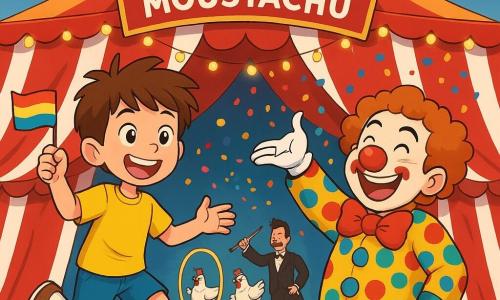 Un garçon de 10 ans, nommé Oscar, avec des cheveux bruns en bataille et des yeux pétillants, saute d’un pied sur l’autre, souriant devant un chapiteau de cirque rouge et blanc. Il porte un t-shirt jaune et un short bleu, tenant un petit drapeau coloré. À ses côtés, Monsieur Pompon, un clown jovial d’environ 40 ans avec un nez rouge et des cheveux ébouriffés, lance des confettis en riant, vêtu d’un costume à pois. En arrière-plan, le chapiteau du Cirque Moustachu est décoré de guirlandes lumineuses, avec des artistes en action : une trapéziste en tutu rose et un dompteur faisant sauter des poules acrobates à travers des cerceaux dorés. Oscar, excité et un peu nerveux, est prêt à choisir son activité pour aider les artistes dans l’effervescence colorée du cirque.