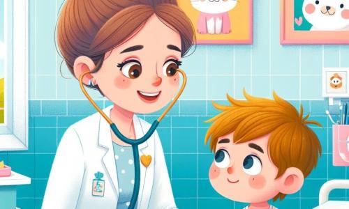 Le personnage principal est Docteur Clara, une femme d'une trentaine d'années, souriante, avec des cheveux bruns en chignon, portant un manteau blanc et un stéthoscope. Elle écoute le cœur d'un petit garçon, Hugo, 7 ans, aux cheveux blonds en désordre et aux joues roses, assis sur une table d'examen, un mouchoir en papier à la main, affichant un mélange d'inquiétude et d'espoir. L'illustration se déroule dans une salle d'hôpital lumineuse aux murs bleu pastel, avec des dessins d'animaux et des jouets en peluche. Docteur Clara examine Hugo, qui a un léger rhume, tout en le réconfortant avec un sourire chaleureux.