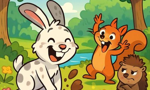 Dans une clairière ensoleillée du Bois-Marrant, un lapin nommé Basile rit aux éclats en creusant le sol, entouré de terre. À ses côtés, Zouzou l'écureuil fait des grimaces pour le faire rire, tandis que Léon le hérisson, un peu grognon, observe avec un sourire amusé. L'endroit est rempli d'arbres majestueux et de fleurs colorées, créant une atmosphère joyeuse. Basile et ses amis sont en quête de la Carotte d'Or, riant et déterminés à relever le défi ensemble.