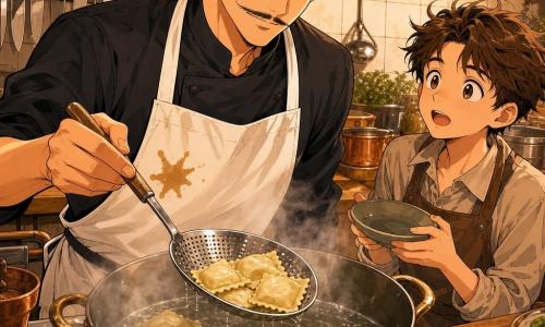 Un chef, Marco, grand et souriant, moustaches fines, tablier blanc avec une tache en forme d’étoile, tient une écumoire et plonge des raviolis dodus dans une grande marmite bouillonnante, mains précises et douces ; à ses côtés Léo, environ 12 ans, cheveux bruns en bataille, yeux curieux, tient une petite assiette et l’observe avec admiration (pas d’autres personnages au premier plan). La cuisine du restaurant est chaleureuse : plan de travail en bois clair, couteaux rangés, bols en céramique avec ricotta blanche et feuilles d’épinard, tomates en quartiers, casseroles en cuivre, carreaux muraux crème et étagères de bocaux, lumière dorée et vapeur blanche montant de la marmite, atmosphère cosy, couleurs chaudes et contrastes nets, style manga enfantin aux traits doux et expressions lisibles, composition centrée sur l’homme en action et le garçon, gros plan moyen en léger plongée pour voir la casserole, détails texturés sur la pâte des raviolis et les gouttes d’eau.