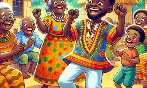 Kofi, un homme souriant et joyeux, danse au milieu d'un cercle de villageois. Il porte un chapeau coloré, une chemise en tissu africain aux motifs vibrants et un pantalon léger. À sa droite, une vieille dame de 70 ans chante joyeusement, vêtue d'une robe traditionnelle. À sa gauche, un jeune garçon de 8 ans applaudit en riant, habillé d'un t-shirt et d'un short. Le village africain est animé, avec des maisons en terre cuite, des arbres verdoyants et un ciel bleu éclatant. Kofi danse avec enthousiasme, créant une atmosphère de joie et de partage.