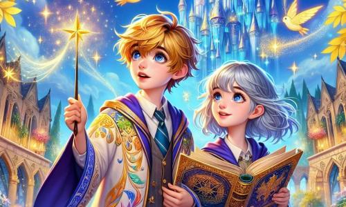 Au centre de l'image, Léo, un apprenti sorcier de huit ans, sourit avec émerveillement. Il a des cheveux miel ébouriffés et des yeux curieux, portant une robe de sorcier colorée ornée d'étoiles et tenant une baguette magique entourée d'étincelles. À ses côtés, Lyra, une fille de sept ans aux cheveux argentés et aux yeux brillants, l'encourage tout en tenant un livre ancien dont les pages virevoltent. En arrière-plan, un château flottant aux murs de cristal brille sous un ciel bleu, avec des créatures magiques volant autour. La scène montre Léo et Lyra dans la cour de l'Académie de Sorcellerie de Nuagevent, prêts à relever un défi magique ensemble.