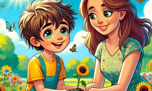 Un garçon de 6 ans, Lucas, avec des cheveux bruns en bataille et des yeux curieux, plante des graines de tournesols dans un jardin ensoleillé. Il porte un t-shirt jaune et un short bleu, et son visage exprime joie et excitation. Sa maman, une femme d'environ 30 ans avec des cheveux longs et châtains, l'aide en lui montrant comment creuser des trous. Elle porte une robe légère à fleurs et se penche vers lui, partageant un moment complice. Le jardin est coloré, rempli de fleurs, de papillons et d'un ciel bleu avec des nuages. Des arbres verdoyants entourent le jardin, créant une atmosphère paisible. La scène illustre le moment où Lucas et sa maman préparent le jardin pour le printemps, enthousiastes et amoureux de la nature, tandis que les oiseaux chantent et que le soleil brille.