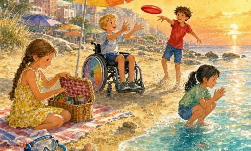 Quatre enfants jouent sur une plage urbaine au coucher du soleil : Clara (≈10 ans, tresse châtain clair, robe jaune à fleurs) assise à gauche sur une serviette déballant un panier de pique-nique ; Tom (≈11 ans, cheveux bruns décoiffés, t-shirt rouge, short bleu) debout derrière elle lançant un frisbee vers le centre ; Hugo (≈10 ans, cheveux blonds courts, en fauteuil roulant moderne aux roues colorées) placé au centre devant un parasol, prêt à attraper le frisbee, visage émerveillé ; Émilie (≈9 ans, couettes noires, blouse verte) accroupie à droite près de l'eau, applaudissant et regardant les poissons. Plage de sable doré avec petites dunes et rochers polis, eau claire turquoise aux reflets argentés, quelques coquillages et un masque de plongée près d'une serviette, skyline de bâtiments pastel et parasols en arrière-plan ; lumière de fin d'après-midi orangée, ombres longues, ambiance joyeuse et bienveillante, textures de sable granuleux et éclaboussures d'eau autour des pieds et des roues.