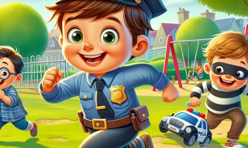 Tom, un garçon de 6 ans avec des cheveux bruns en bataille et un grand sourire, porte un uniforme de policier en plastique et joue dans un parc avec ses amis. Lucas, un autre garçon de 6 ans avec des lunettes et des cheveux blonds, est déguisé en voleur, riant en essayant de s'échapper. Clara, une fille de 6 ans avec des cheveux bouclés et une robe rose, tient un jouet en forme de voiture de police. Le parc est verdoyant et ensoleillé, créant une ambiance joyeuse. Tom court en imitant un policier poursuivant Lucas, tandis que Clara l'encourage.