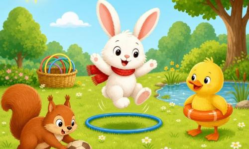 Petit Lapin Lou, petit lapin blanc aux grandes oreilles roses et écharpe rouge, saute dans un cerceau bleu posé sur l’herbe ; à gauche, un écureuil roux à la queue touffue pousse une balle de foot vers deux pommes de pin servant de but ; à droite, un canard jaune souriant avec une bouée orange veille près d’une mare ; décor : pré vert parsemé de marguerites, ciel bleu avec soleil, arbres en arrière-plan et panier de cerceaux au sol ; ambiance joyeuse, couleurs vives et formes rondes, composition simple pour tout-petit.