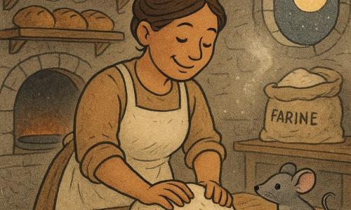 Mila, souriante et sereine, cheveux châtain en chignon et tablier en lin crème taché de farine, pétrit une boule de pâte sur une grande table en bois brut; la petite souris Grisette, aux yeux noirs et pelage gris doux, se tient sur le rebord et renifle la farine; au fond, un grand four en métal noir, légèrement ouvert, diffuse une lueur orange; la boulangerie cosy de nuit montre des murs en pierre claire, des étagères garnies de pains dorés, un grand paquet de farine ouvert et un nuage léger de farine dans l'air, la lune jaune pâle brille à travers une fenêtre ronde; l'ensemble dégage calme et travail artisanal, avec des éclats de lumière chaude tombant sur le visage de Mila pendant qu'elle pétrit patiemment la pâte.