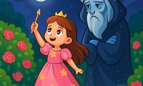Une princesse nommée Églantine, âgée d'environ 10 ans, se tient au centre d'une clairière, les yeux brillants d'émerveillement et de détermination. Elle porte une robe en satin rose ornée de fleurs dorées et ses longs cheveux châtains flottent dans le vent. Églantine lève un pinceau doré vers une sphère d'argent flottante, prête à ramener l'aube. À ses côtés, l'Esprit de la Nuit, une créature mystérieuse aux yeux tristes, observe la scène, hésitant à laisser partir la lumière. La clairière, entourée de buis et de roses, est magique, avec un sol recouvert de mousse et de pétales. Églantine, déterminée, est prête à négocier avec l'Esprit de la Nuit pour ramener l'aube, tandis que la sphère d'argent symbolise l'espoir et la lumière à retrouver.