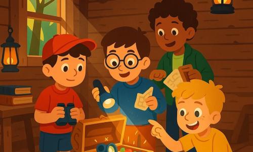 Quatre enfants dans une vieille cabane en bois en pleine forêt lumineuse : Maxime, ~9 ans, cheveux bruns courts, casquette rouge, debout à gauche avec des jumelles bleues devant la poitrine, Lucas, ~8 ans, cheveux châtains et lunettes rondes, pull bleu, centre-droit, tenant une lampe de poche allumée vers le coffre, Hugo, ~9 ans, cheveux blonds en bataille et tâches de rousseur, tee-shirt jaune, accroupi à droite en souriant et tenant un bonbon coloré, et Théo, ~8 ans, cheveux bouclés et veste verte, à droite derrière Lucas, tenant une carte pliée et un petit carnet en pointant une note sur le coffre ; ils viennent d'ouvrir un coffre en bois sculpté posé au centre sur un tapis usé, expressions de surprise et de joie, objets brillants et colorés visibles dans le coffre, atmosphère enfantine, couleurs vives, planches usées, poussière dans les rayons de soleil par une fenêtre cassée, table avec livres anciens et lanternes suspendues.