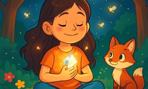 Une fille de 10 ans, aux longs cheveux bruns ondulés et aux yeux pétillants, est assise en tailleur sur un lit de mousse dans une clairière enchantée. Elle sourit sereinement en tenant un cristal contre son cœur, entourée de lucioles qui illuminent son visage. Dans un coin, un petit renard aux yeux malicieux et au pelage roux observe la scène avec curiosité, fasciné par la magie du cristal. La clairière, entourée d'arbres majestueux et de fleurs colorées, est baignée par la lumière argentée de la lune, créant une atmosphère de rêve. La fille respire profondément, fermant les yeux pour se plonger dans un état de calme, tandis que la mélodie du cristal enveloppe le paysage d'une aura magique.