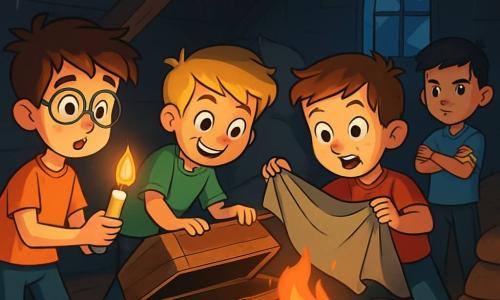 Quatre enfants se trouvent dans un grenier sombre et mystérieux. Léo, 10 ans, a des cheveux bruns en bataille et des lunettes rondes. Max, 11 ans, a des cheveux blonds et un sourire espiègle, penché sur un vieux coffre. Hugo, 9 ans, avec des cheveux châtains et des taches de rousseur, brandit une couverture poussiéreuse pour éteindre un petit feu. Théo, 10 ans, avec des cheveux noirs, surveille le feu les bras croisés. L'atmosphère est intrigante et légèrement effrayante, avec des ombres dansantes et des rayons de lune. Les enfants essaient d'éteindre le feu qui crépite, leurs visages montrant peur et courage.