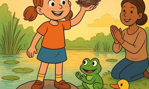 Fille de 8 ans au visage rond et taches de rousseur, cheveux châtain en couettes, expression rayonnante, debout sur un rocher au bord d’un étang en montrant fièrement un petit bateau en brindilles ; une grenouille nommée Fredo, petite et verte aux grands yeux brillants, est assise sur un nénuphar et applaudit ; deux canards jaunes et orange, corpulents et souriants, flottent devant le rocher en se tournant vers elle ; la mère, ~35 ans, cheveux attachés, souriante et agenouillée derrière la fillette, applaudit ; étang au crépuscule avec eau miroitante aux reflets dorés, nénuphars, roseaux, quelques poissons visibles, ciel pastel et rayons doux ; ambiance chaleureuse, couleurs saturées, contours nets et style bande dessinée franco-belge centré sur la fillette.