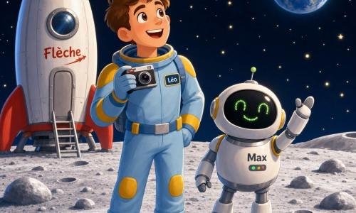 Un jeune homme, Léo (20-25 ans), souriant et émerveillé, cheveux châtains courts, porte une veste spatiale bleu clair avec empiècements jaunes; il tient une petite caméra et regarde la lune depuis le sol lunaire près d'une fusée. À sa droite, un robot compagnon, Max (taille d'un enfant de 6 ans), corps rond blanc avec détails chromés et yeux LED verts en points, sourit et lève un bras en signe de joie. La fusée 