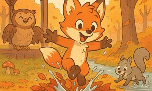 Jeune renard roux anthropomorphe au pelage doux et regard émerveillé qui saute dans un tas de feuilles humides en éclaboussant, chouette brune nommée Léa au plumage touffu qui sèche doucement ses ailes sous le toit en bois d'un petit patio à l'arrière-plan gauche, écureuil gris espiègle à la queue bouffante glissant sur des feuilles près d'une flaque à droite du renard, forêt d'automne aux couleurs chaudes (tapis de feuilles rouges, orangées et jaunes, troncs marron, quelques champignons, ruisseau scintillant) ; après une légère pluie le vent soulève les feuilles, la lumière douce de fin d'après-midi fait briller les gouttes et crée une atmosphère joyeuse et animée.